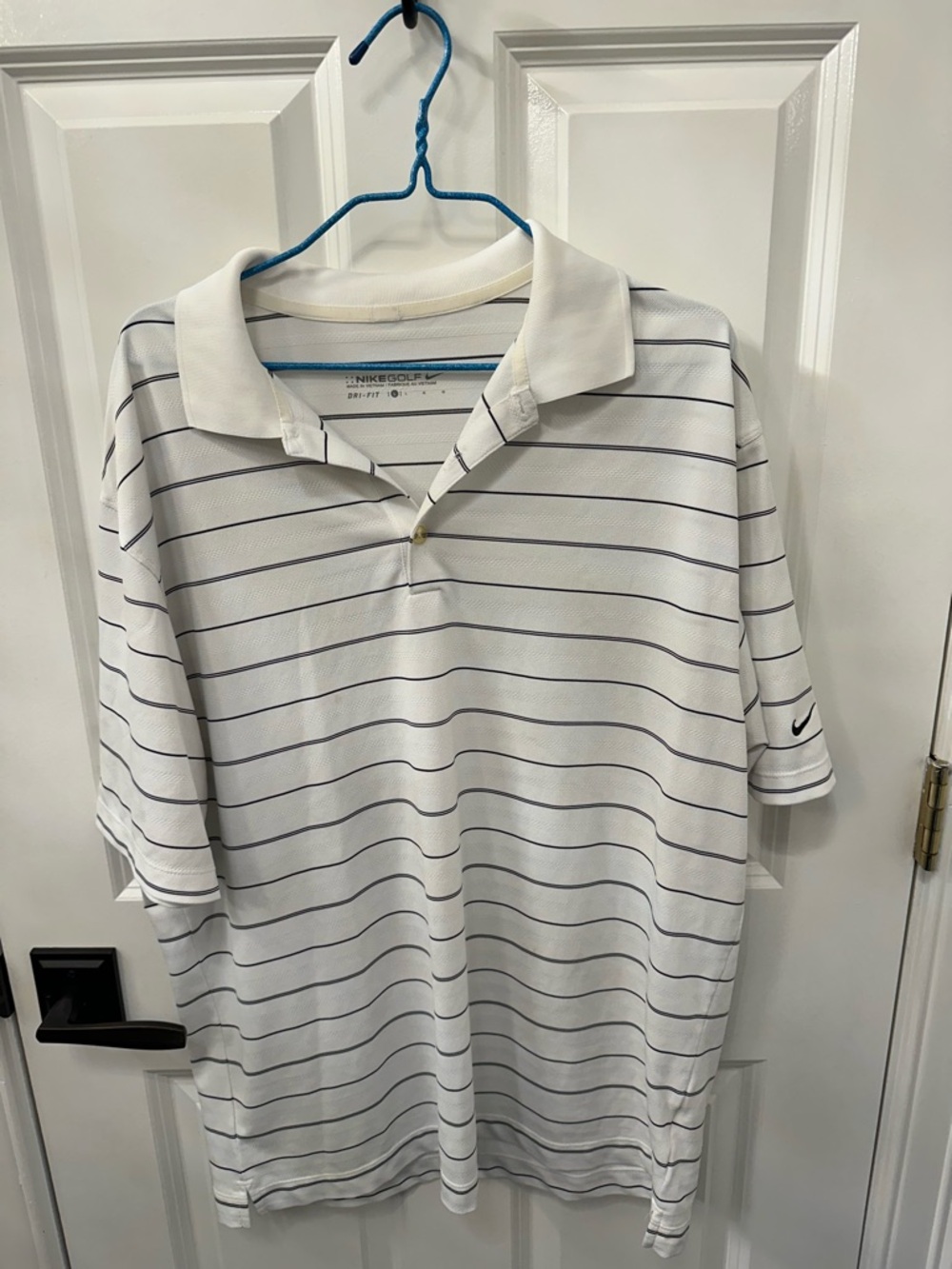 Nike Men’s Golf White Polo with Navy Thin Stripes